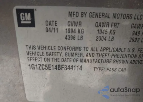 2011 Chevrolet Malibu 1Lt z USA, uszkodzony, nr VIN 1G1ZC5E14BF344114